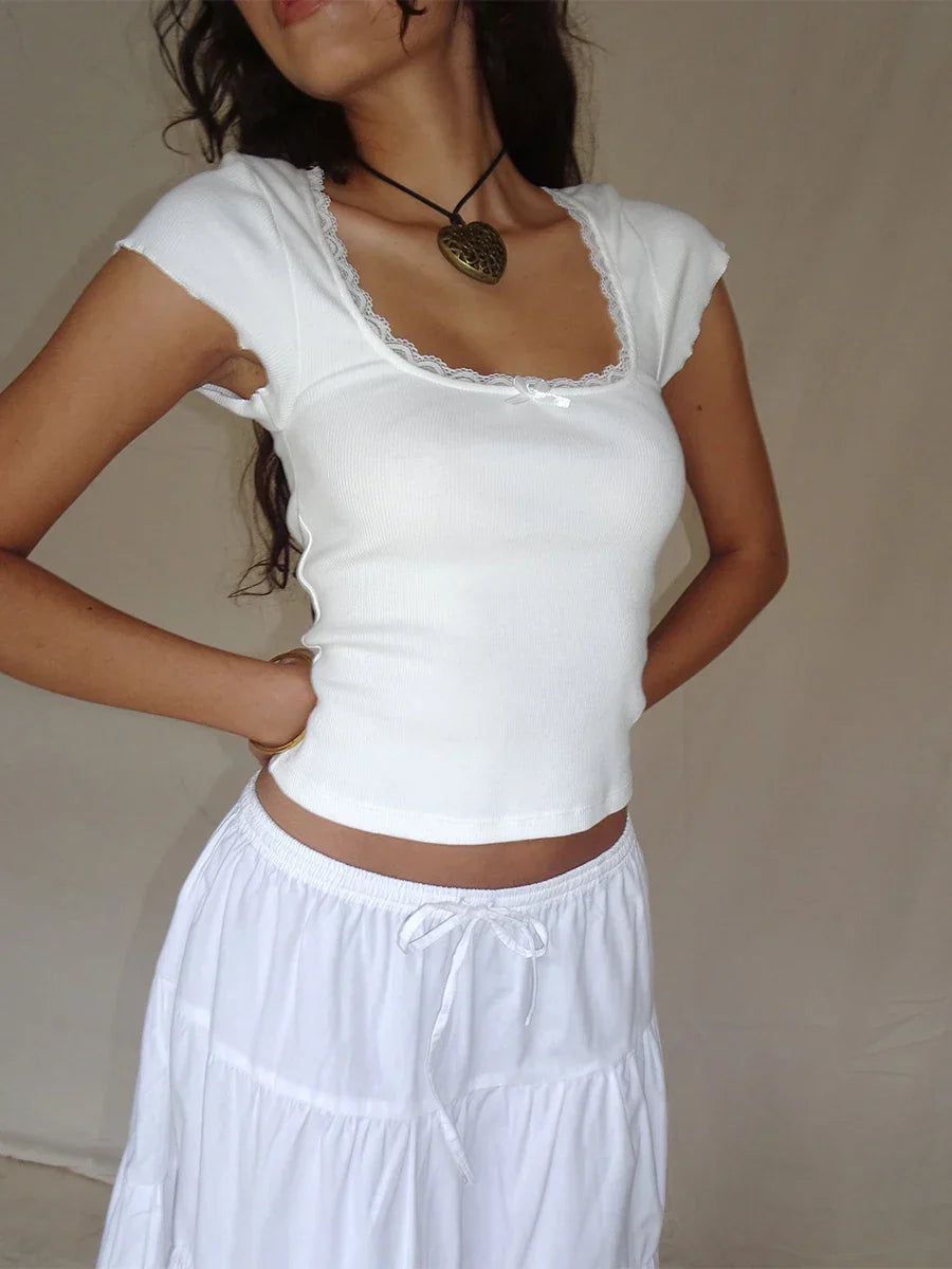 maoxiangshopY2k Vintage Baby Tee Cottage Lace Trim Knitted T-Shirt Summer Square Neck Short Sleeve Tee Shirt Women White Milkmaid Crop Top