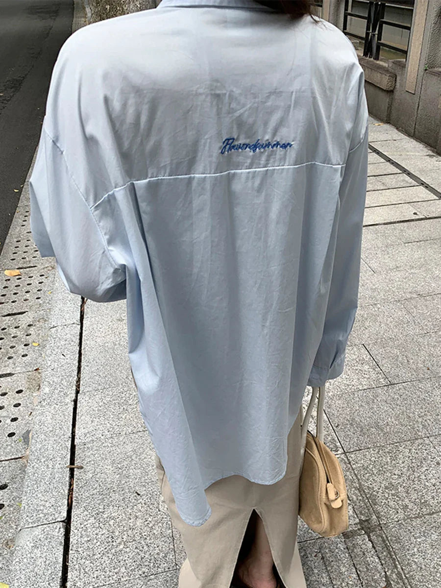 maoxiangshop - Letter Embroidered Blouse Women Autumn New Single Breasted Lapel Collar Blouses Chic Casual Fashion Long Sleeve Shirt Outerwear