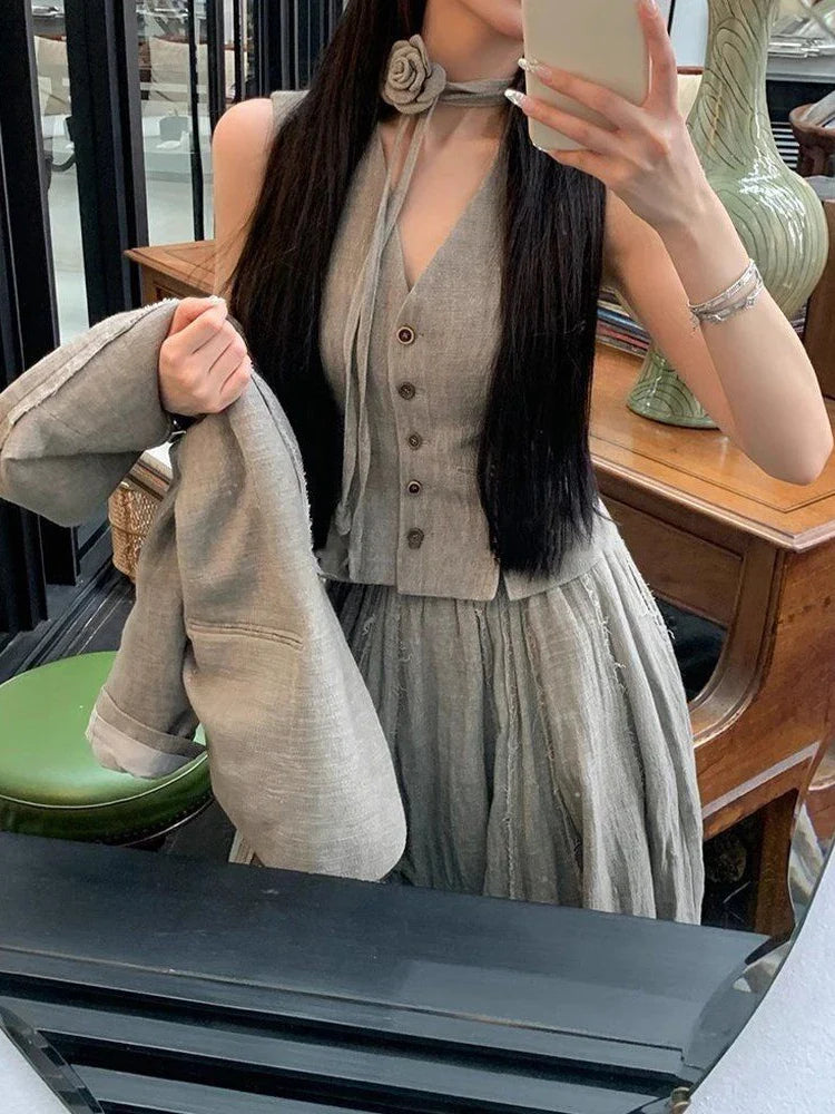 maoxiangshop - Autumn Winter Streetwear Small Fragrance 3 Piece For Women Jacket Coat Sleeveless Vest High Waist Pleated Skirt Long Skirts