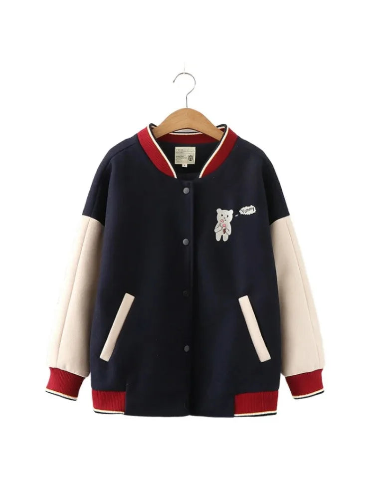 Jackets Women Winter Cartoon Embroidered Hooded Bomber Streetwear Casual Loose Long Sleeve Coat Mujer