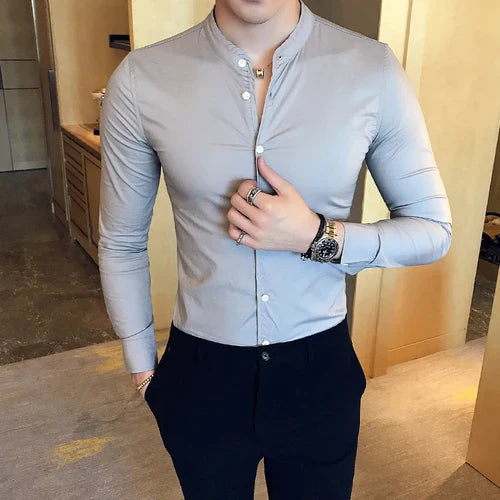 maoxiangshop Men Slim Fit Shirt Autumn Cotton Solid Stand Collar Casual Business Long-sleeved Shirts Male Fashion Camisas Men Clothing