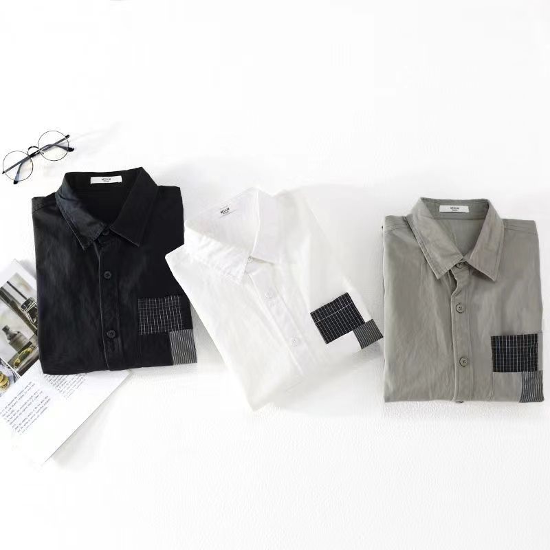 maoxiangshop Spring Autumn Solid Long Sleeve Shirt Men Clothing Turn-down Collar Loose Casual Cardigan Man Simple Printed Pocket Tops