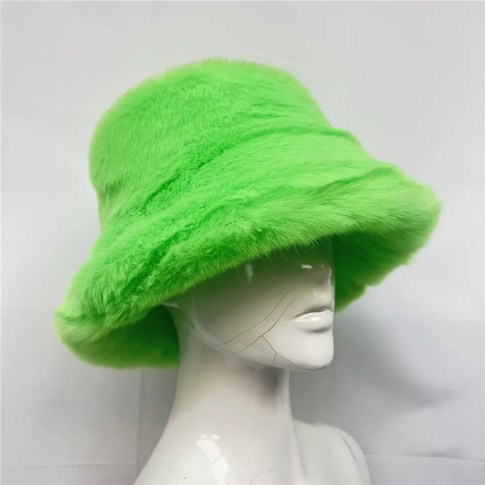 maoxiangshop - Luxury Ins Hot Y2k Girls Faux Fox Fur Bucket Hat Women Winter Warm Rabbit Fur Plush Fisherman Hat Cap Festival Party Ski Panama