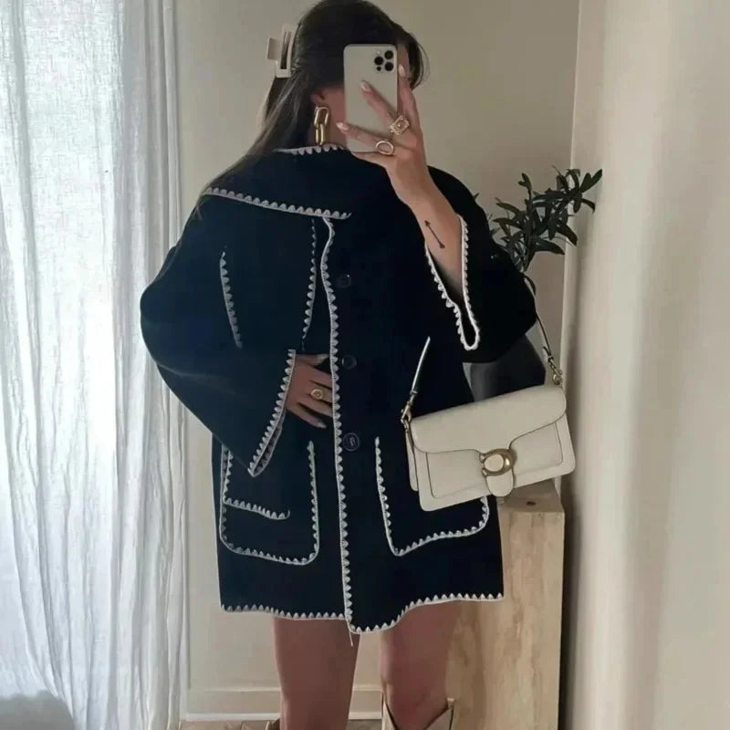 maoxiangshop - Fashion Loose Women Coat With Scarf Long Sleeve Pocket Single Breasted Female Coat 2024 Autumn Winter Fashion Lady Street Jacket