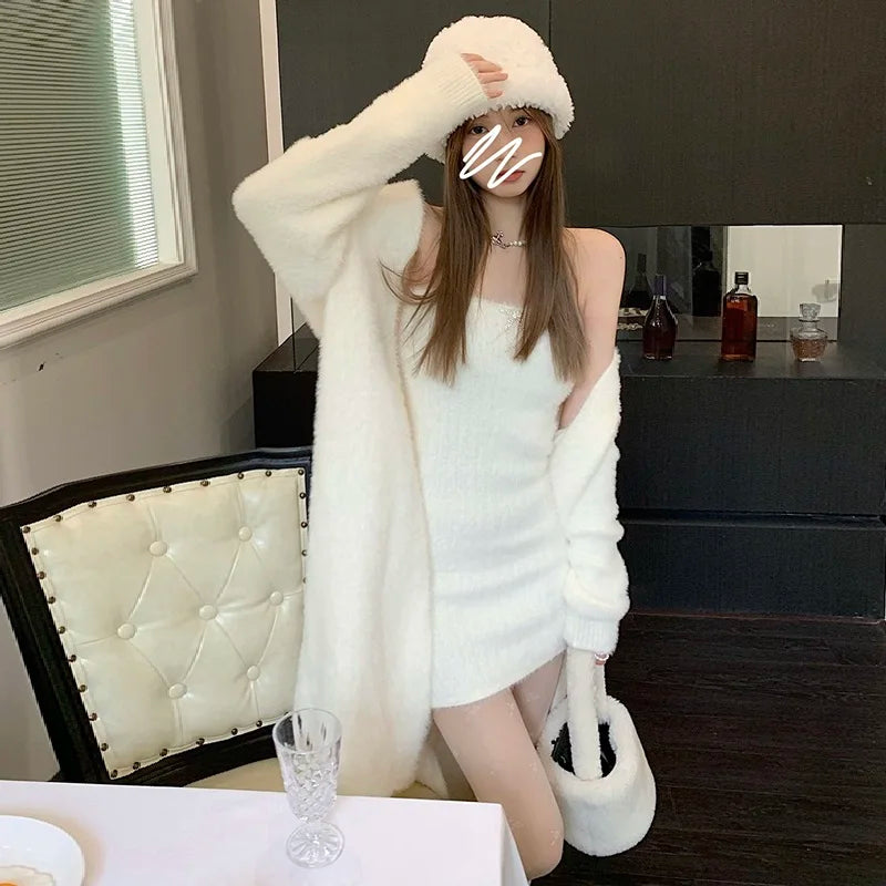 maoxiangshop Korean two piece dress elegant Knitted suit jacket mini dress for women luxury Sexy 2 piece sets white Cardigan two piece set