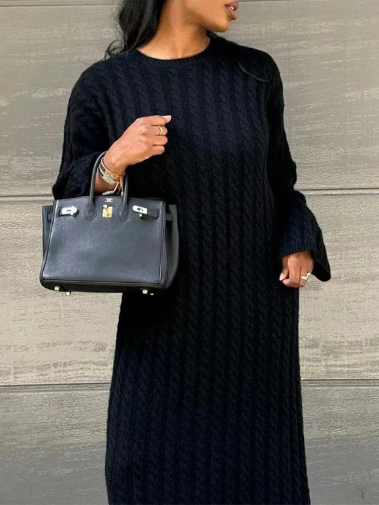 maoxiangshop Autumn Winter Knitted Dress Women Fashion Solid Color Ribbed Sweater Dress Female Elegant Casual Loose Long Sleeve Long Dresses