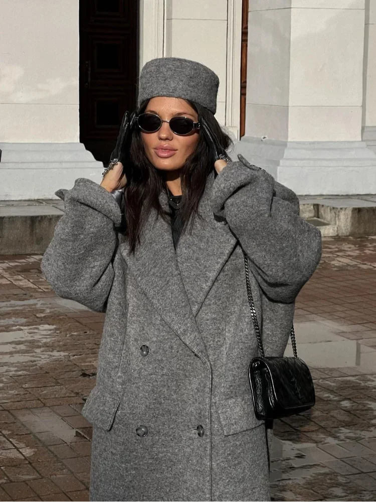 maoxiangshop - Fashion Grey Lapel Long Woolen Coats Women Double-breasted Pockets Long Sleeves Overcoat 2024 Autumn Lady Street Outerwear