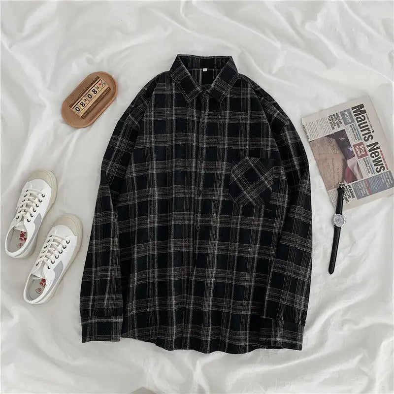 maoxiangshop Vintage Women Plaid Shirts Autumn Long Sleeve Oversize Button Up Tops Korean Loose Casual Fall Outwear Femme Shirts