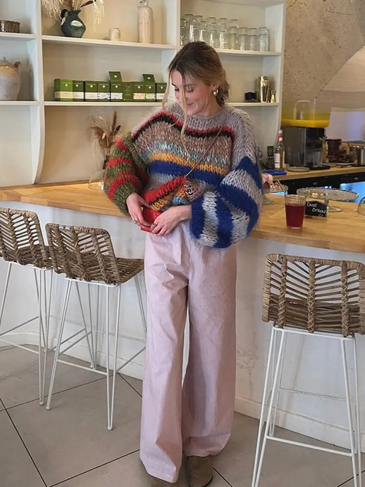 maoxiangshop - Casual Knitted Colorful Stripes Sweater Women Fashion O Neck Puff Long Sleeves Short Pullover Autumn Lady High Street Jumper