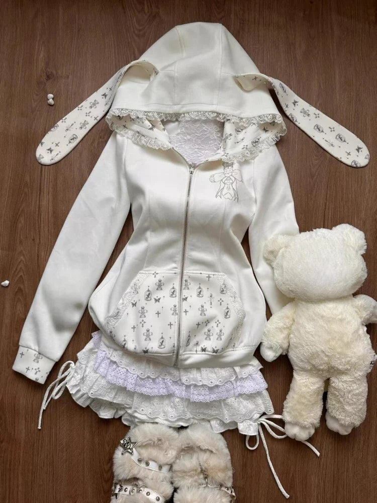 maoxiangshop - Korean Cute 2 Pieces Set Y2K Aesthetic Cartoon Patchwork Lace Rabbit Ears Hoodies + Bandage Lace Mini Cake Skirts Fairy Outfits