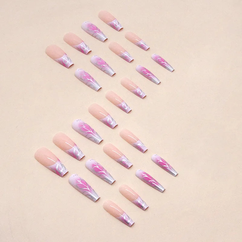 maoxiangshop 24Pcs Long Ballet False Nails Long French Fake Nails with Heart Designs Wearable Coffin Press on Nails Full Cover Nail Tips