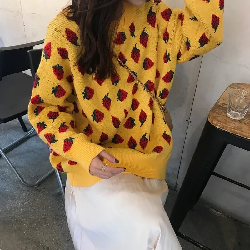 maoxiangshop - Sweet Women Sweaters Strawberries Print Long Pullovers Tops Autumn Winter Loose Sueter Mujer Girls Knitwear