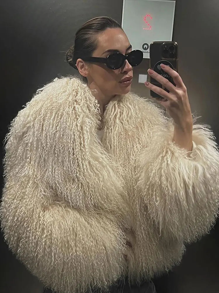 maoxiangshop - Luxury Warm Fluffy Faux Fur Coat 2024 Women Fashion Solid Long Sleeve Short Coats Winter Female Casual High Street Outercoat