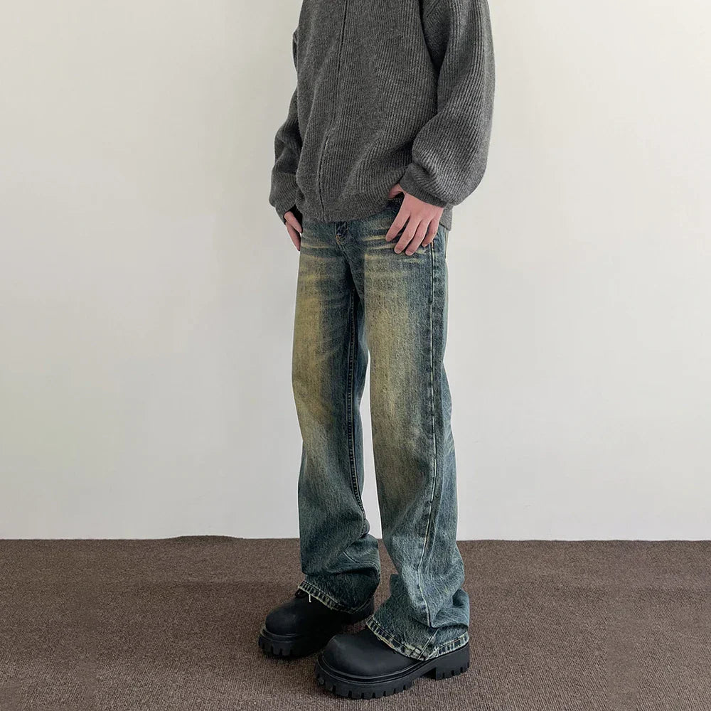 maoxiangshop Jeans Men Streetwear Y2k Vintage Blue Distressed Casual Fashion Street Trousers Straight-leg Autumn Winter Flared Denim Pants