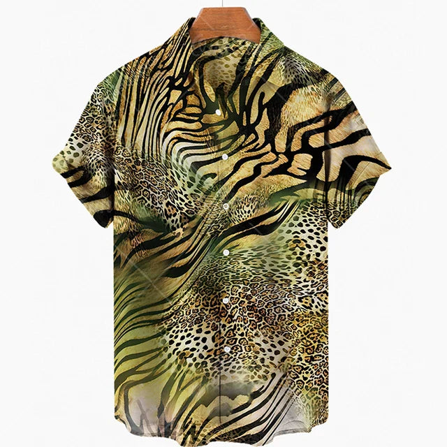 maoxiangshop Short Sleeve Leopard Men's Shirts For Man Clothing Hawaiian Fashion 3D Print Thin Lapel Floral Casual Oversized Imported Camisa