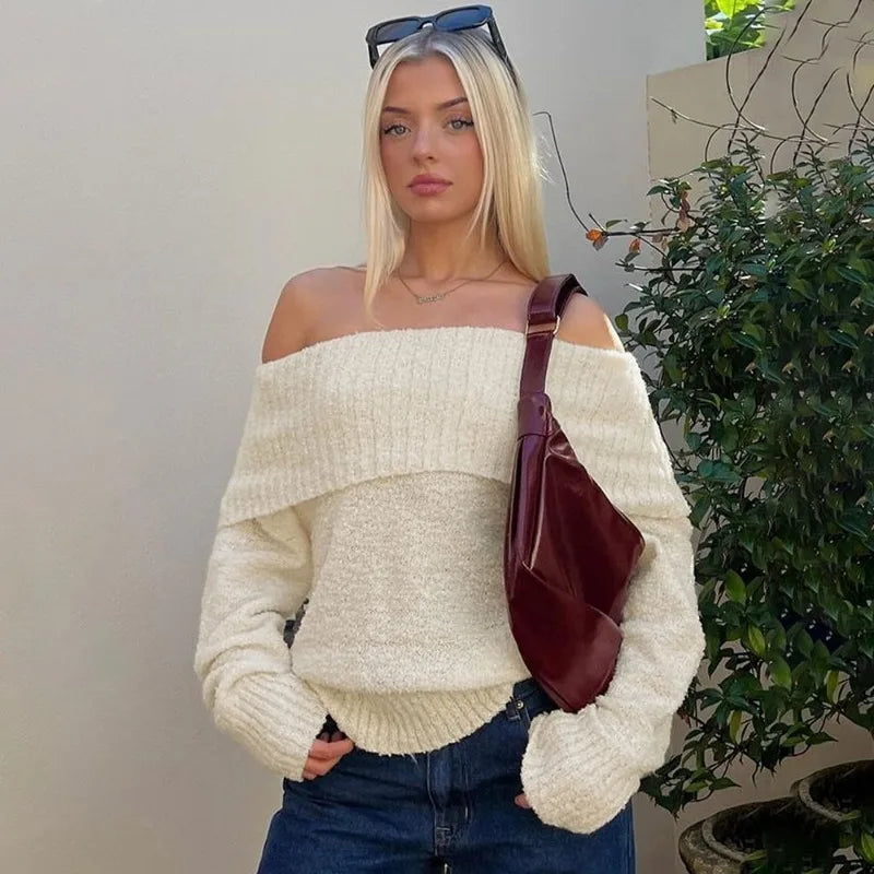 maoxiangshop - One Shoulder Knitted Sweater Women's Sexy Slim Long Sleeve Solid Pullover Top Loose Casual Chic Autumn Street Sweater