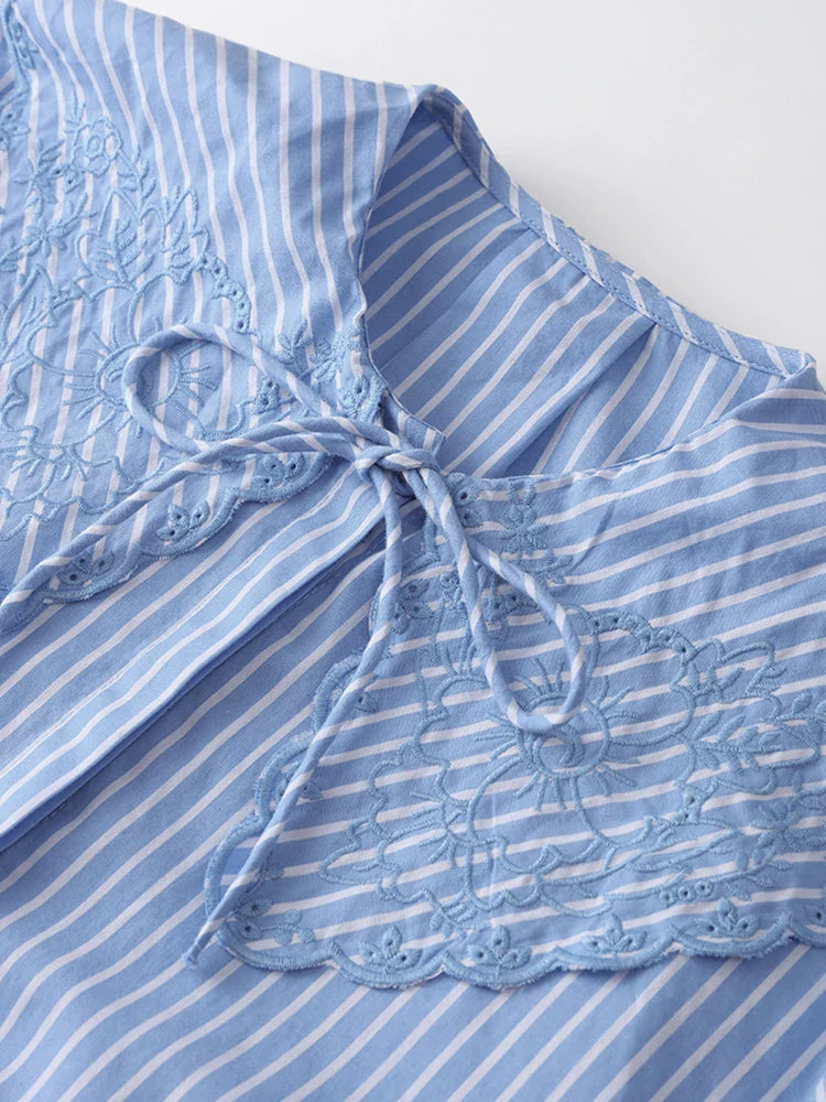maoxiangshop - Sweet Striped Lace Up Women Shirts Cute Flare Sleeve Embroidery Lapel Female Blouses 2024 Spring Summer Casual Tops Streetwear
