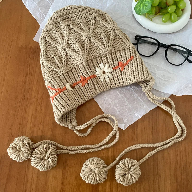 maoxiangshop - Knitted Beanies Hat for Women Bohemian Tassel Flower Crocheted Woolen Pullover Cap Autumn Winter Warm Thicken Ear Protection Cap