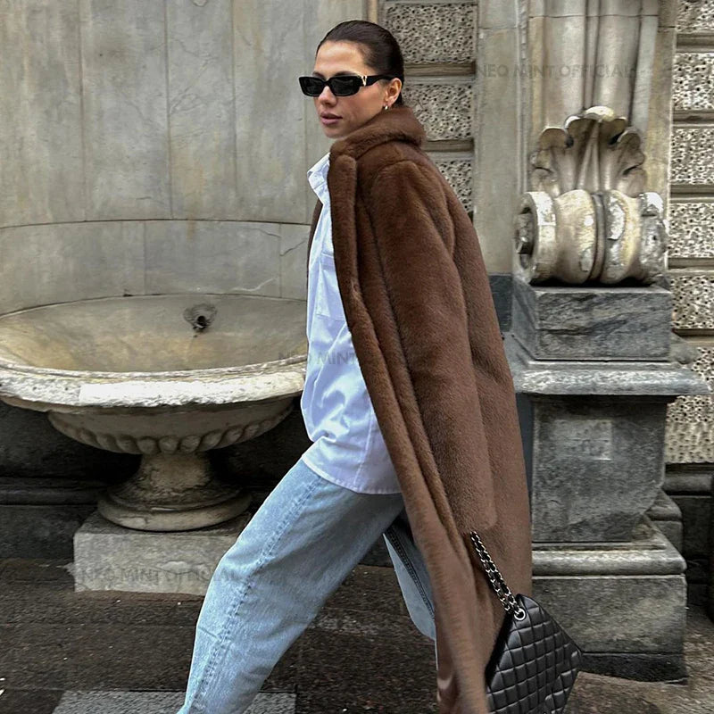 maoxiangshop - 2024 Winter Luxury Faux Mink Fur Coat Women Iconic Brand Long Outerwear Jacket Crystal Hooks Street Style Warm Overcoat