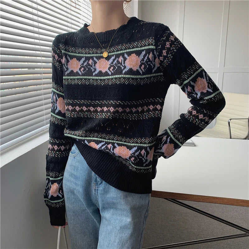 Vintage Print Women Clothes Sweater Hollow Out Long Sleeve Knitted Top Autumn Sweaters Jumpers Pullover Stripe Jersey Mujer