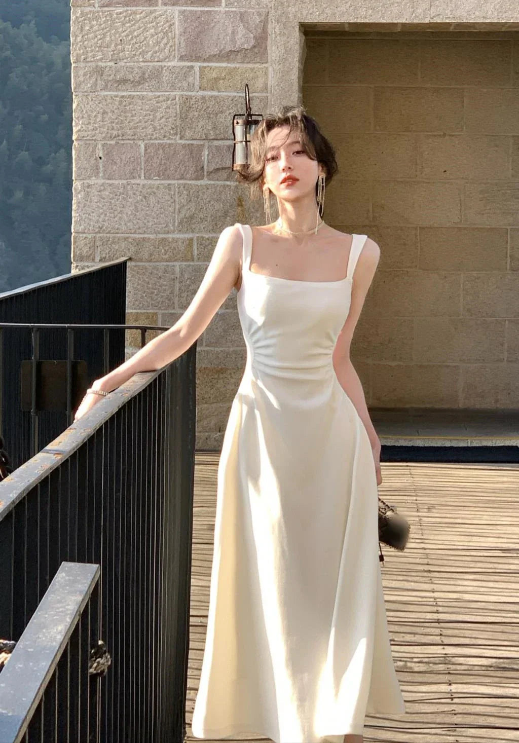 maoxiangshop 1 Spring New Elegant Square Collar Midi Party Dress For Women Long Sleeve Black White Slim Vestidos Female Clothes