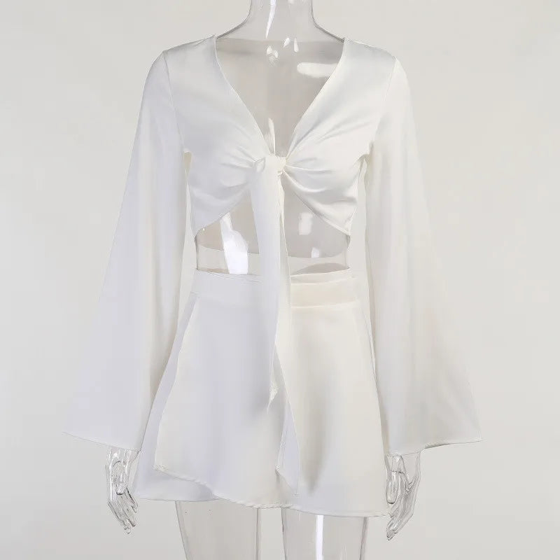 Y2k Satin Two Piece Set Women Autumn White Lantern Long Sleeve Crop Cardigan Tops Elegant Suits Lace Up Wrap Sexy Mini Skirts