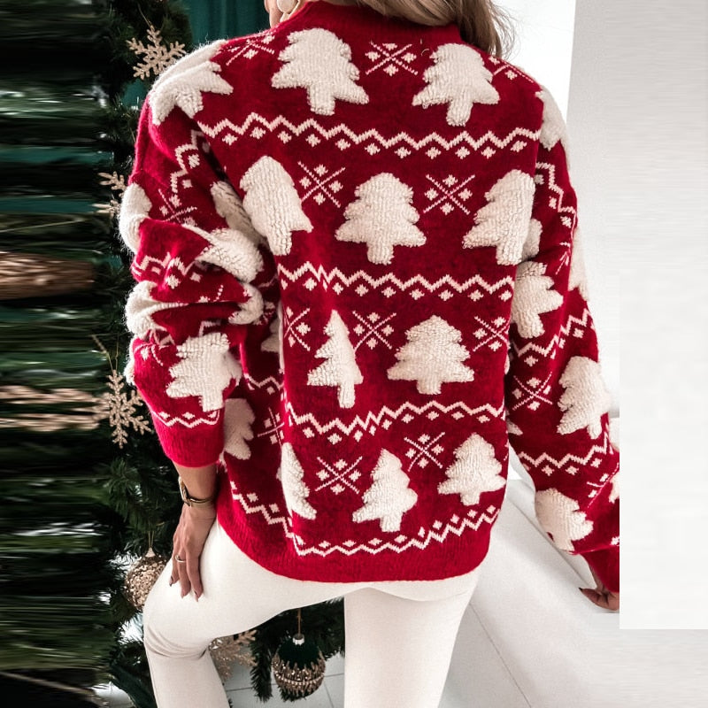 maoxiangshop Fashion Women Santa Tree Christmas Sweater Red 3D Print Casual Warm Knitted Jumpers Pullover Long Sleeve O Neck Sweaters