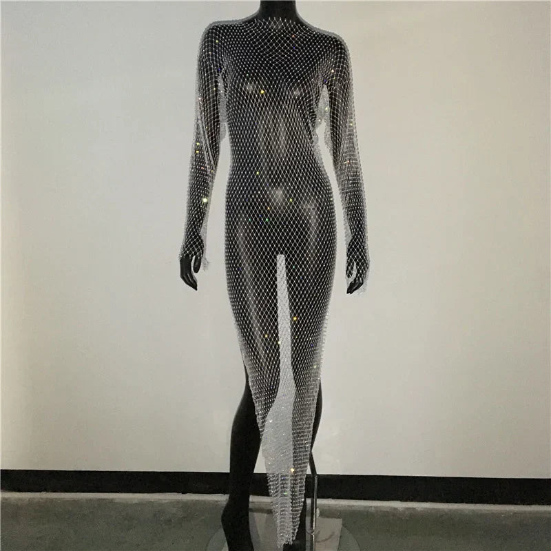 maoxiangshop-Y2K Sexy Shiny Rhinestones Grid Fishnet Dress Long Sleeve Hollow Out Side Slit Dress Beach Cover Up Breathable Lady Vestidos