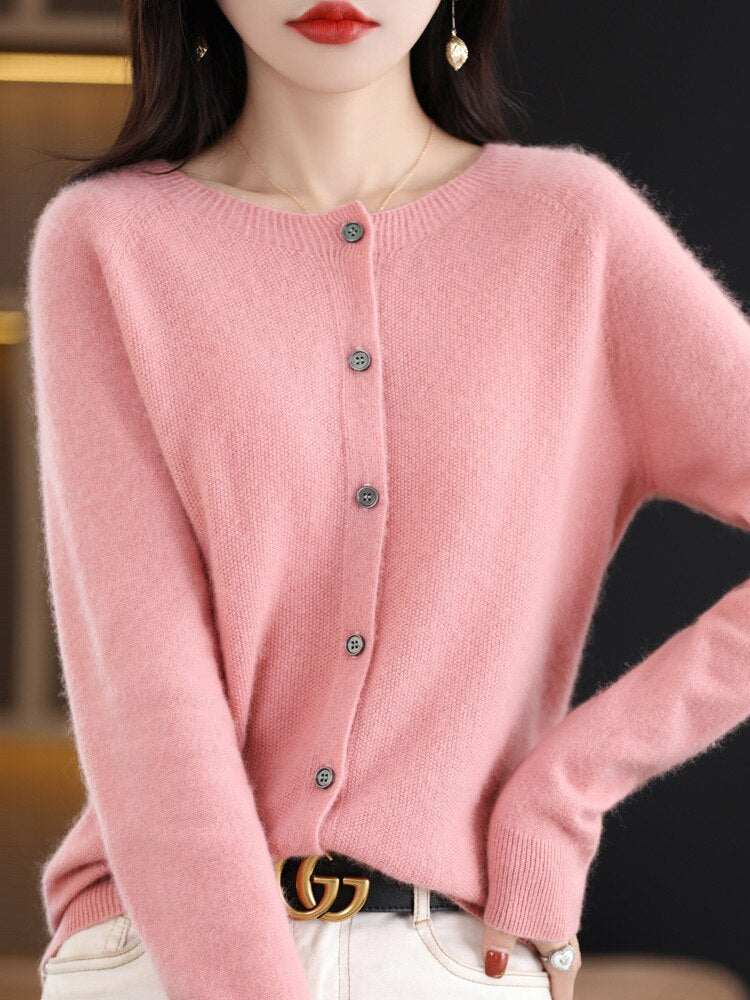 maoxiangshop Aliselect Long Sleeve Women Knitwear Cashmere Knit 100% Pure Merino Wool Spring Autume O-Neck Top Cardigan Sweater Clthing Coat