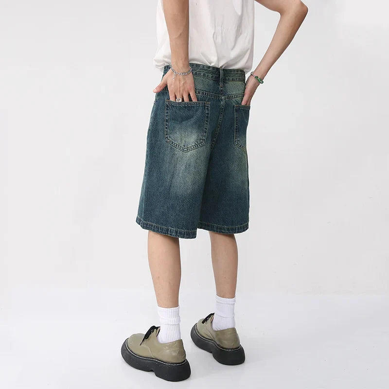 maoxiangshop Summer Denim Shorts Men's Loose Korean Style Retro Short Jeans Fashion Washed Casual Knee Length Pant New Streetwear