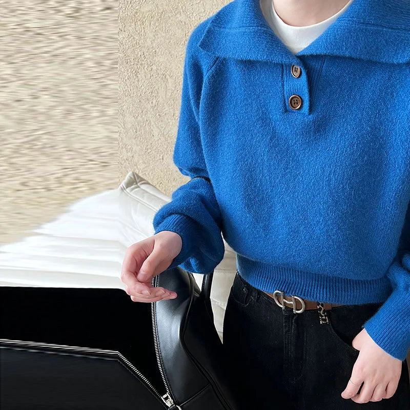 maoxiangshop - Casual Solid Knitted Lapel Sweaters Women Vintage Loose Button Long Sleeve Pullover Sweater Female Autumn Elegant Chic Base Tops