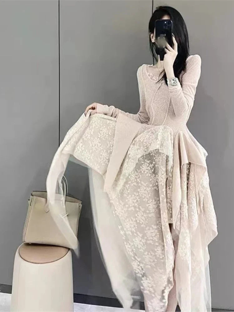 French Vintage Elegant Lace Dress Women Spring Summer New Irregular Splicing Long Bridesmaid Evening Party Dress Prom Robe