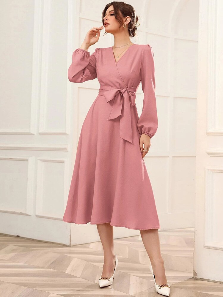 Summer Dresses Woman Elegant V-neck Long-sleeved Dress Fashion Office Midi Dress Bandage Dresses Party Women's Clothing