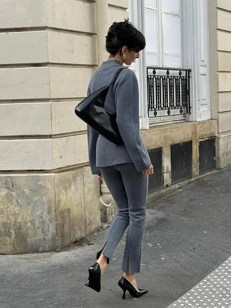 maoxiangshop - Fashion Women Gray Single Breasted Knitted Blazer Elegant Lapel Long Sleeve Slim Coat Autumn Chic Lady Commuting Street Outwear