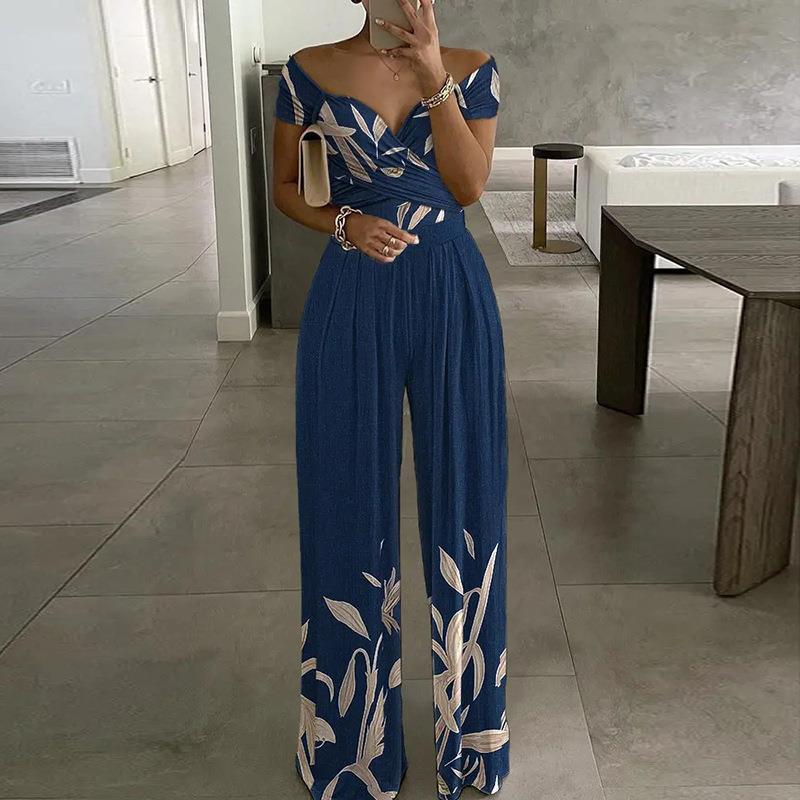 maoxiangshop Sexy Outfit Off Shoulder Print Wide Leg Jumpsuit Women Summer Casual Boho Casual High Waist Jumpsuits Clothes Overalls
