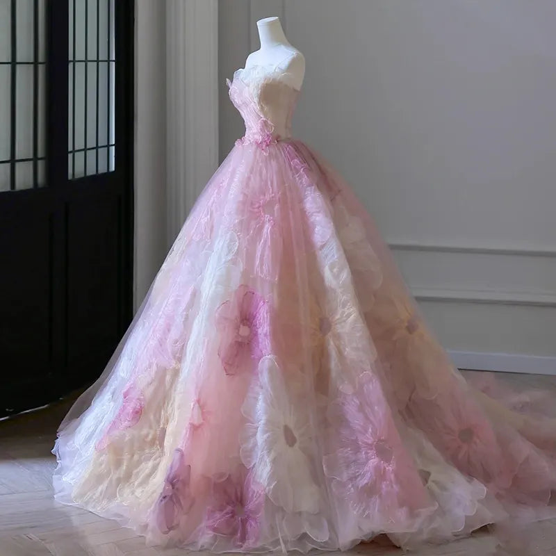 maoxiangshop Pink 3D Applique Flower Formal Dress Elegant Strapless Slim Red Carpet Dresses Luxurious Trailing Ball Gown Engagement Vestido