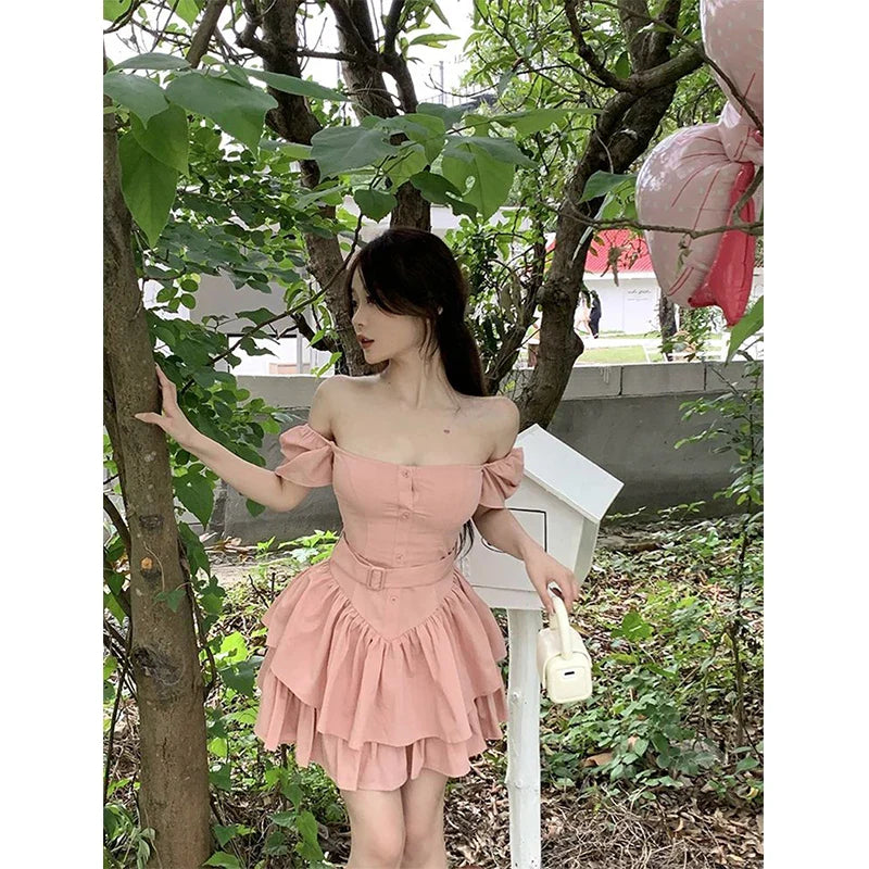 maoxiangshop - Y2K Pink Mini Dress Women Sweet Belt Square Collar One Pieces Dresses Party Prom Korean Cute Puff Sleeve Bodycon A Line Vestidos