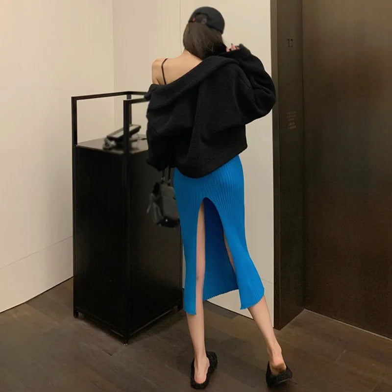 maoxiangshop High Waist Knitted Half Skirt Elastic Force Temperament Thin Sexy Split Slim Skirts Spring Autumn