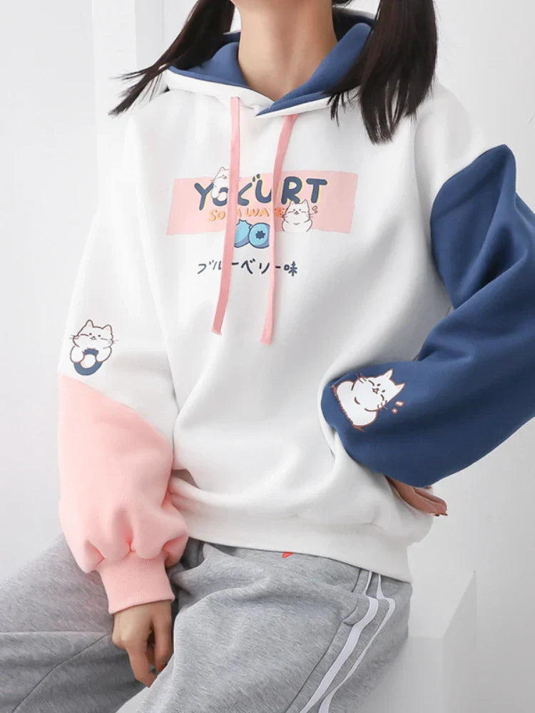 maoxiangshop Kawaii Cat Print Women Hoodies Spring Long Sleeve Drawstring Cotton Hooded Sweatshirt Female Harajuku Cute Pullover Tops