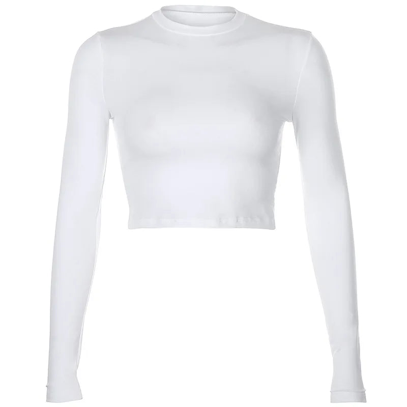maoxiangshopSolid Basic Long Sleeve Womens Tshirt Casual Black White Fashion Crop Top T Shirt Ladies Fashion Korean Tee Shirt