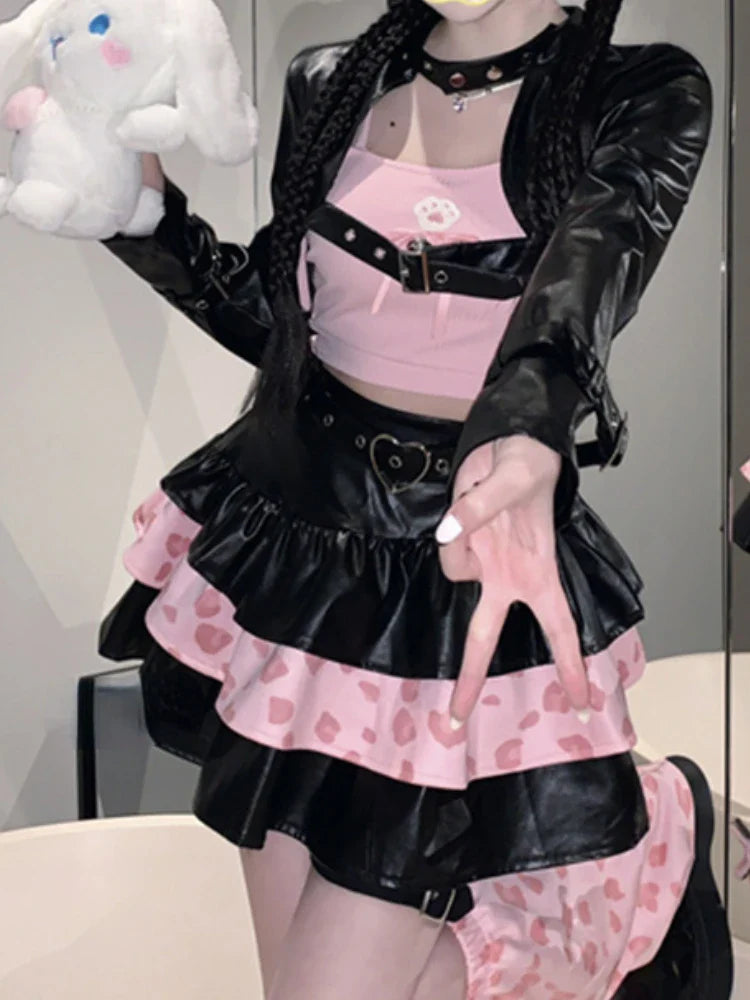 maoxiangshop - Black Sexy Party 3 Piece Set Women Autumn Casual Lolita Print Cake Skirt Suit Female Korean Black Coat+Cute Tops+Sweet Skirt