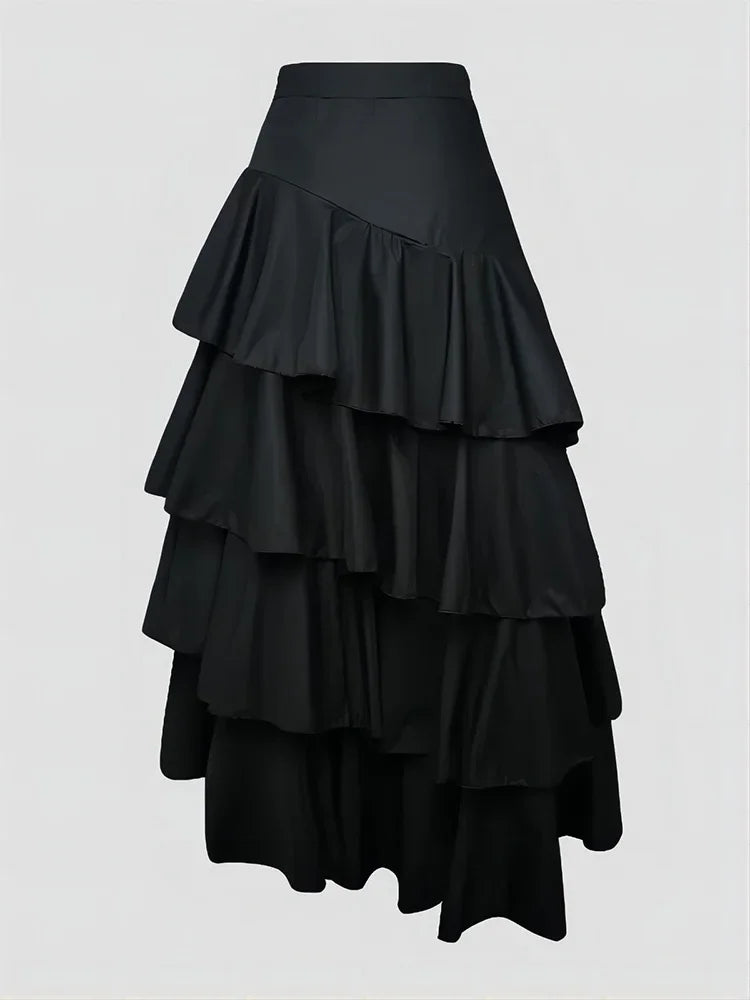 maoxiangshop Women's High Waist Layered Ruffle Maxi Cake Skirt Elegant Party Wedding Guest Y2K Solid Vintage Black Solid A Line Skirts