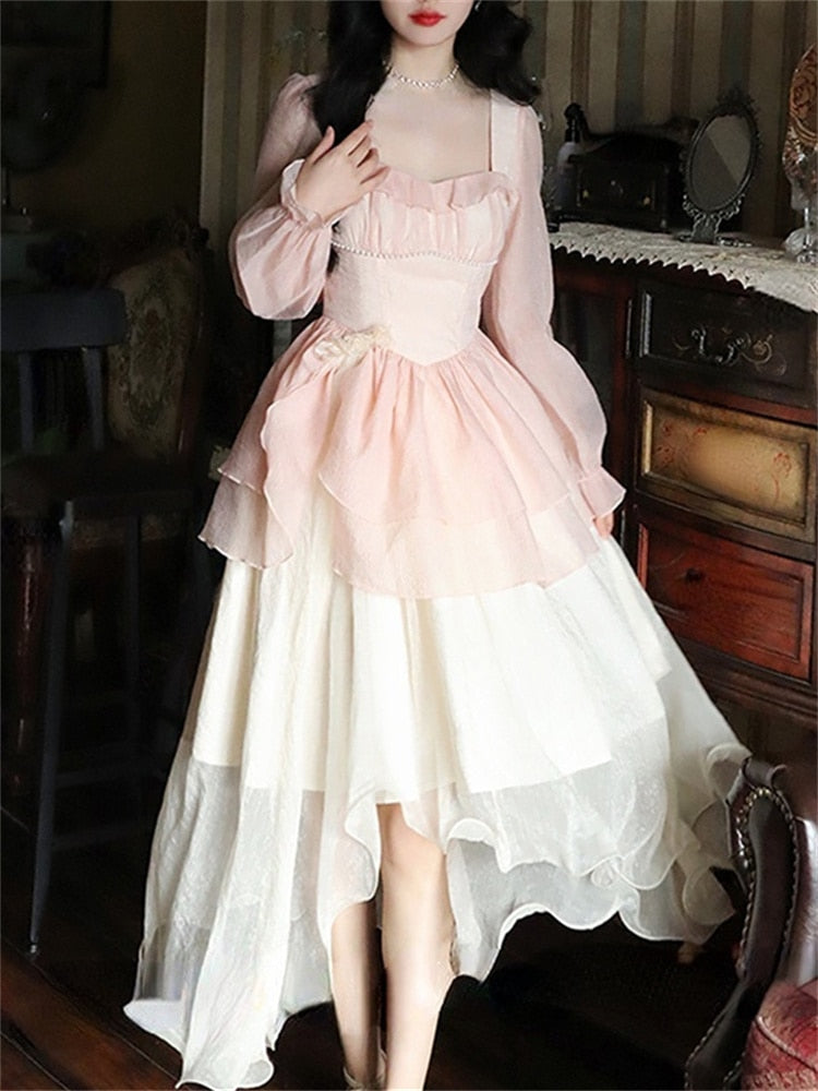maoxiangshop New High Waisted French Style Long Sleeve Elegant Dresses Chic A Line Casual Dress Chiffon Long Dress for Women