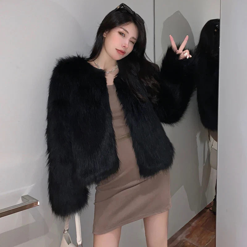 Fashion Harajuku Faux Fox Fur Coat Women Winter Korean Slim Leather Jacket Female Casual Natural Color Open Stitch Coat