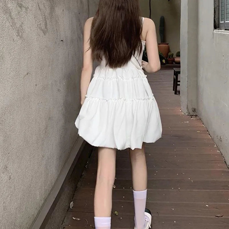 maoxiangshop Fashion All-Match Fluffy Dress Women Korean Waist-Tight Spaghetti Strap Agaric Edge Black Dresses Woman Summer Prom Gown