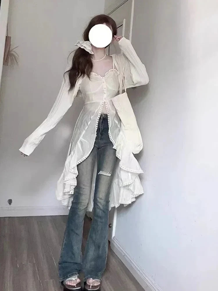 Chiffon Fashion Outfits 2 Piece Skirt Set Sexy Strap Dress + Beige Long Tops Ruched Mori Girl Simple Summer Korean Fashion