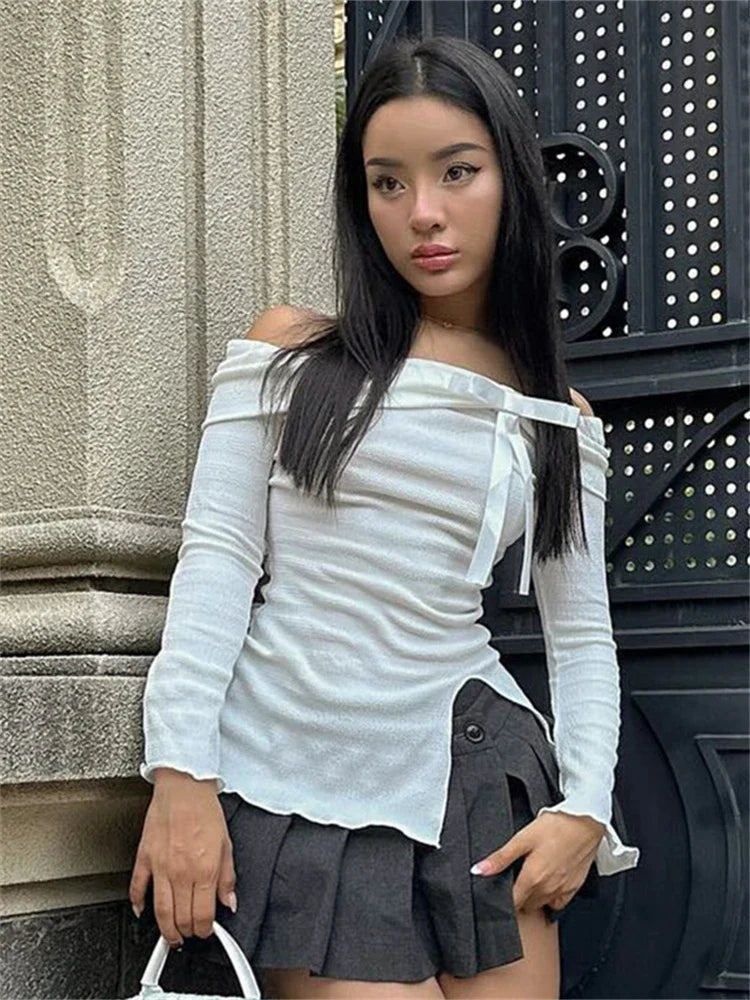 maoxiangshop - Off Shoulder Bows Tie Slit Top Women Flared Long Sleeved Solid Slim Versatile T-shirt Spicy Girl Autumn/Winter Streetwear