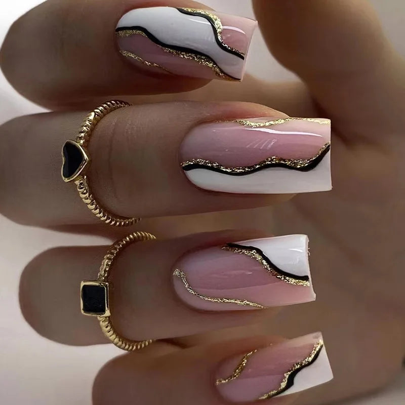 maoxiangshop 24Pcs Long Square Head False Nails with Gold Foil Design Wearable Black French Fake Nail Glitter Coffin Full Cover Press on Nail