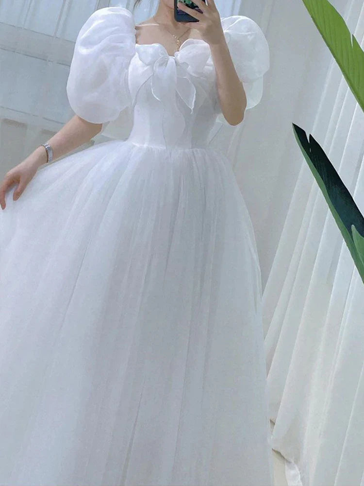 maoxiangshop White Wedding Dress Women Fairy Princess Dress Female Fashion Evening Party Dress Ladies Summer Elegant Puff Sleeve Long Dress
