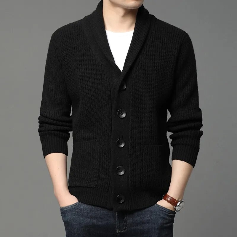 maoxiangshop High Quality Autumn Winter Cardigan Men Thick Knitted Solid Sweater Jakcet Fashion Turn Down Collar Single Breasted Cardigan Men